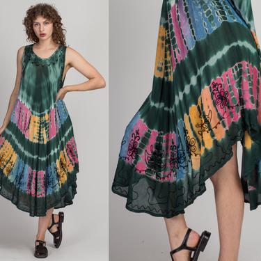 Vintage Boho Tie Dye Dress - One Size | 90s Y2K Sleeveless Embroidered Mini Dress 