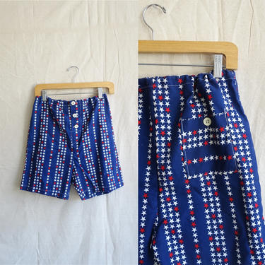 Vintage 60s Star Print Canvas Shorts/ 1960s Americana Red White Blue Drawstring Shorts/Brian MacNeil Size Medium 