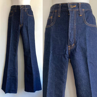 Vintage 1970's TEXWOOD APPLE Bootcut Jeans / High Waist + Unwashed Dark Cotton Denim 