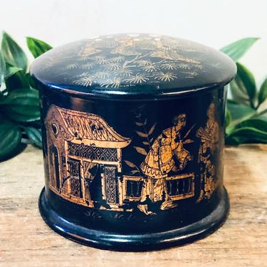 Vintage Container, Lidded Container, Asian Art, Asian Container, Lidded Jar, Trinket Jar, Jewelry Box, Black and Gold, Vintage Home Decor 