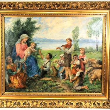 Antique Painting, OIl on Canvas, Hans Kaufmann, "Lady & Children", 1800's!