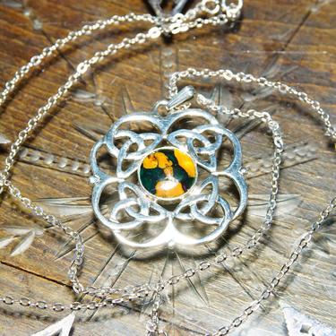 Vintage Sterling Silver Agate Gemstone Celtic Dara Knot Pendant Necklace, Symbolic, Yellow & Green Stone, Thin Silver Cable Chain, 20” L 