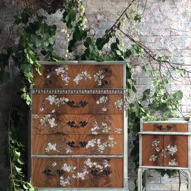 Floral Hand Painted Dresser Nightstand - Painted Dresser - Vintage Dresser -  Flowers - Painted Floral Bedroom Set - Painted Furniture 