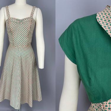 1940s Reversible Cotton Dress Set | Vintage 40s 50s Green & Tan Sundress with Bolero | extra small 