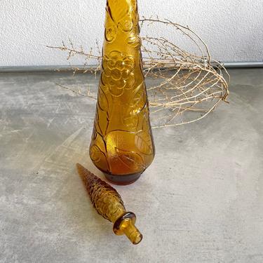 Empoli Italian Tall Amber Glass Decanter | Vintage Amber Glass Genie Bottle Butterfly and Flowers | Vintage Barware | MCM | Mid Century 