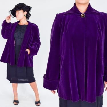 1950s  Purple Velvet Evening Coat | 50s Violet Purple Cotton Velvet Swing Coat | Medium 