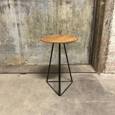 Round Side Table with Turned Alder Top and Triangular Steel Base 