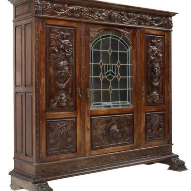 Bookcase, Library, Spanish Renaissance Revival Carved Oak, Leaded Glass, 1800's