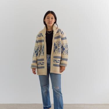 Vintage 70s Cream Blue Wool Pendleton Zip Cardigan Sweater | Unisex Geometric Jumper | M | 