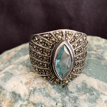 Bling Ring, Sterling Silver, Marcasite, Aquamarine Stone, Marquise, Cocktail Dinner Ring, Vintage 70s 80s 