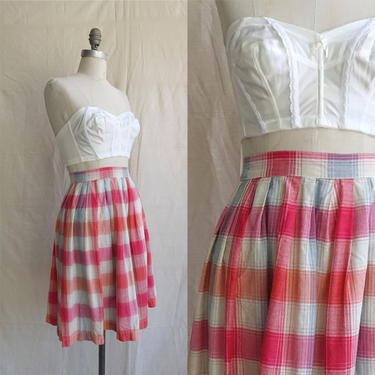 Vintage 50s Cotton Plaid Skirt/ 1950s High Waisted Pleated Red White Pink Check Skirt/ Size 25 Small 