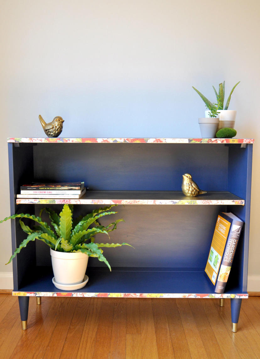 Navy Blue Mid Century Modern Bookshelf With Floral Edging By