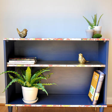 Navy Blue Mid Century Modern Bookshelf with Floral Edging 