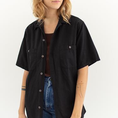 Vintage Black Short Sleeve Shirt | Overdye Simple Cotton Work Blouse | S | 
