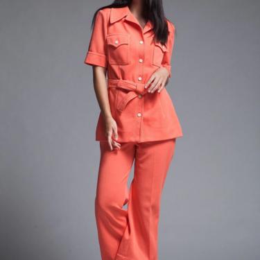safari flare pants set belted orange contrast stitching vintage 70s MEDIUM M 