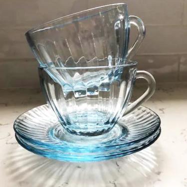Set of Vintage Blue Ribbed Glass Tea Cup and Saucer Made in Brazil by LeChalet