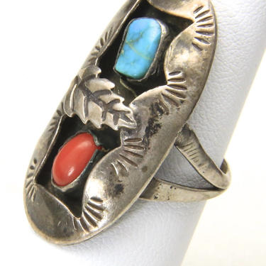 Vintage Native American Sterling Turquoise &amp; Coral Shadowbox Ring Oval Sz 7 