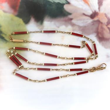 Antique Red and White Enamel Cylinder Link Necklace with Seed Pearls 24 Inches 18K With 10K Clasps 