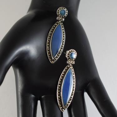 40's Art Deco 925 silver blue glass marcasite hinged statement dangles, striking sterling pyrite glass pointed oval earrings 