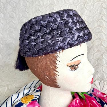 Raffia Pill Box Hat, Long Fringe Tassel, Fez Style, Navy Blue, Straw Hat, Vintage 60s 