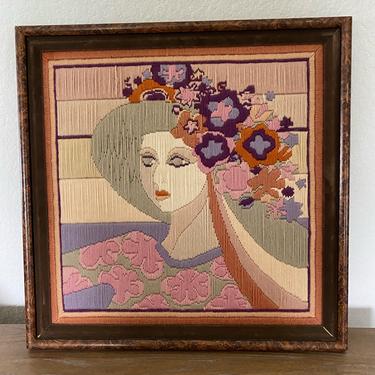 Vintage Long Stitch Embroidery Woman and Flowers 