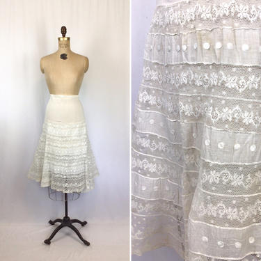 Vintage Edwardian Underskirt | Vintage white embroidered lace half slip | 1910s floral polka dot petticoat skirt 