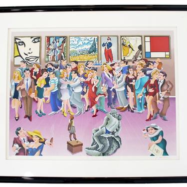 Contemporary Framed Lithograph Signed Yuvhal Mahler Party at Art Exhibit 1980s 63/250 