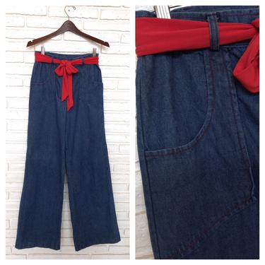 1970's Women's Wide Leg Jeans Medium Blue Wash with Red Top Stitch Pockets Nautical Sailor Jean 