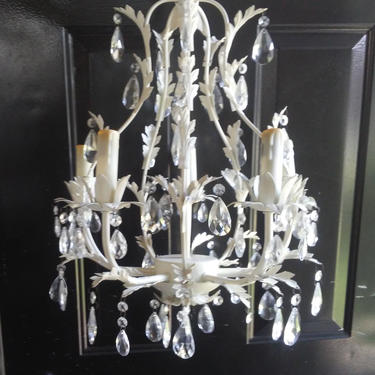 VINTAGE Italian Tole Chandelier// Shabby Chic Crystal Toleware Chandelier with an extra set of replacement prisms 