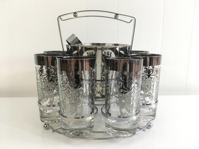 Vintage Kimiko Silver Glasses Set of Eight (8) Caddy Ice Bucket Tongs Highball Tumblers Mad Men Retro Barware Cocktail Mid-Century Modern 