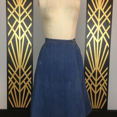 1970s denim skirt, vintage wrap skirt, sirocco, jean skirt, aline, size medium, cotton, hippie skirt, 27 28 waist, classic, mod skirt 