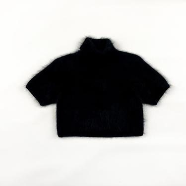 Vintage Jean Paul Gaultier Maille Black Angora Short Sleeve Cropped Turtleneck Sweater / JPG / Fuzzi / Stretch / y2k / Goth / Cyber / Mohair 