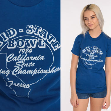 Mid State Bowl Shirt 80s Fresno California BOWLING TShirt  Graphic T Shirt Vintage Retro Screen Print Blue Single Stitch Extra Small xs 