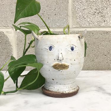 Vintage Vase Retro 1980s Handmade Pottery + Ceramic + Head Planter + Small Size + Flower and Plant Display + Home and Shelving Decor 