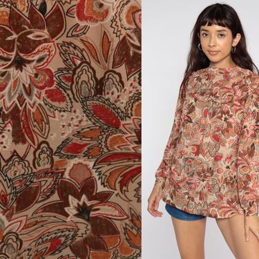 70s Bohemian Top Red Brown Floral Blouse Flutter Sleeve Blouse Tent Top Summer Shirt 1970s Boho Hippie Top Vintage Long sleeve  Medium Large 