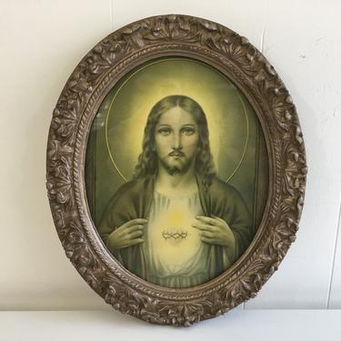 Vintage Framed Jesus Plaster Ornate Gold Frame Wall Hanging 1940s Plaque Religious Spirituality Mid-Century Religion Print Art 