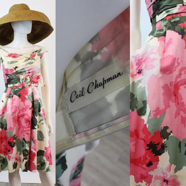 1950s Ceil Chapman HUGE rose print dress xs | new winter 