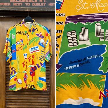Vintage 1980’s Vacation Travel Spots Rayon Hawaiian Shirt, 80’s Tropical Shirt, 80’s Rayon Shirt, 80’s Postcard Print, Vintage Clothing 