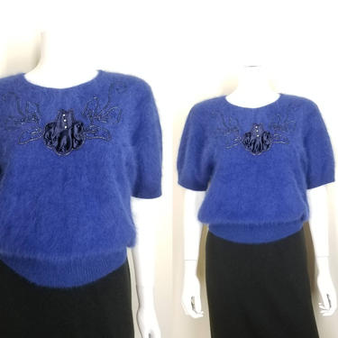 Vintage 80s Blue Angora Blouse, Medium / Vivid Blue Beaded Sweater / Puff Short Sleeve Sweater / Floral Applique Fuzzy 1980s Rabbit Fur Top 
