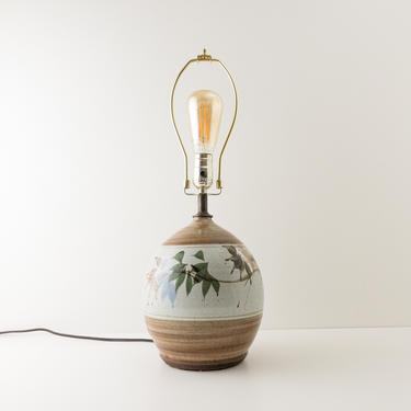Vintage Stoneware Lamp, 3 Way Socket, Pottery Table Lamp, Bulbous Base, Earthy Tones with Floral, Boho Cottagecore Decor 