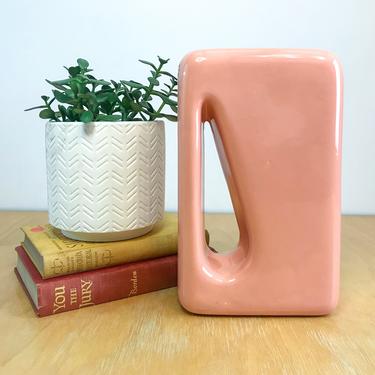 Haeger 80s Mod Pink Square Vase with Hollow Handle, Vintage 1980s Ceramic Decorative Art Pottery Flower Vase 