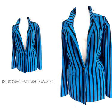 90's Vintage OVERSIZED blazer, 90's striped blazer, bold cobalt blue and black new wave blazer top, size small xs s,   us size 6, eur size34 