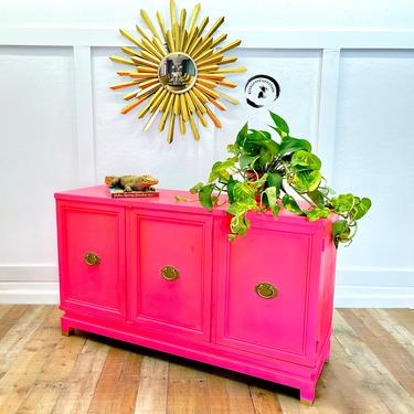 Colorful Entryway Cabinet. Eclectic Neon Pink Buffet / bright pink / mid Century Credenza/ storage cabinet 