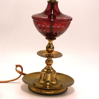 vintage brass and cranberry flash glass lamp 