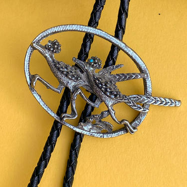 Vtg Silver Oval Slide Pendant Bolo Tie with Running Peacock Birds on Black Braided Leather Cord / Western Rodeo Necklace 