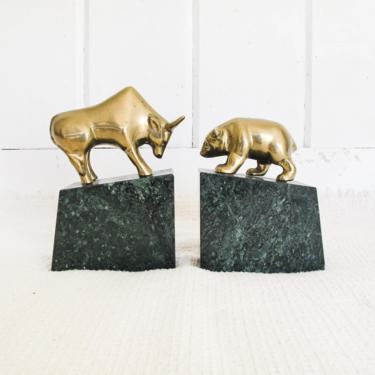 Vintage Brass Bull and Bear with Green Marble Base Bookends 