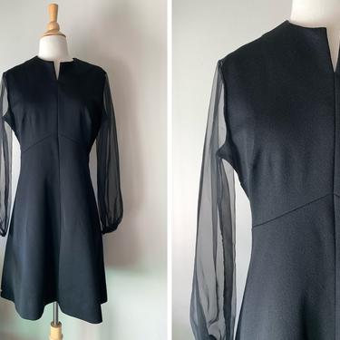 Vintage 1970s Black Babydoll Sheer Sleeve Dress | Size Medium 