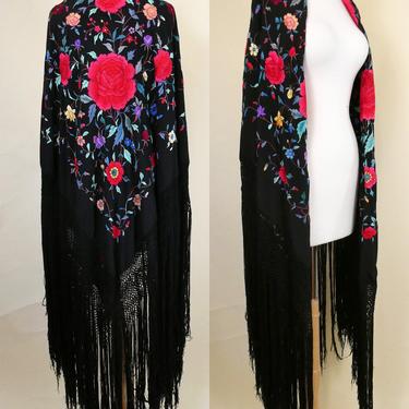 Exquisite Vintage 1920's Silk Hand Embroidered Spanish Shawl with long Makrome and Fringe Antique Piano Shawl 