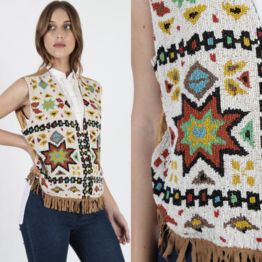 Heavily Beaded Southwester Vest Vintage Native American Tribal Print Vest Suede Fringe Ethnic Tribal Mens Womens Aztec Vest 
