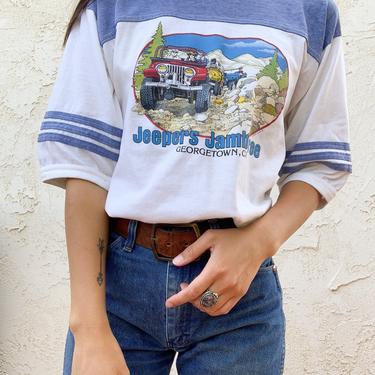 Vintage California Casuals Jeepers Jamboree Georgetown CA Athletic Ringer Single Stitch Graphic T-shirt Tee 